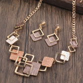 Necklace And Earrings Kit Zinc Alloy Geometric Square Color Oil Necklace Hollow Female